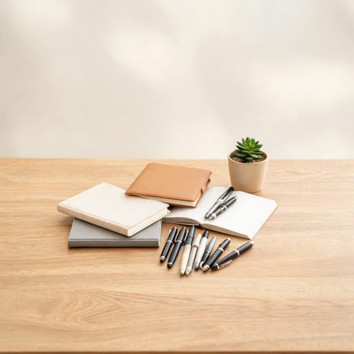 books and stationery on a wooden desk